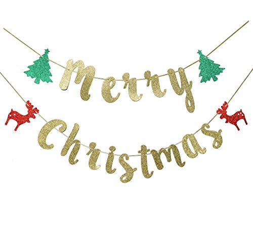 Merry Christmas Glitter Gold Burlap, Reindeer Banner, Christmas Party Favors (Gold) #TOP11