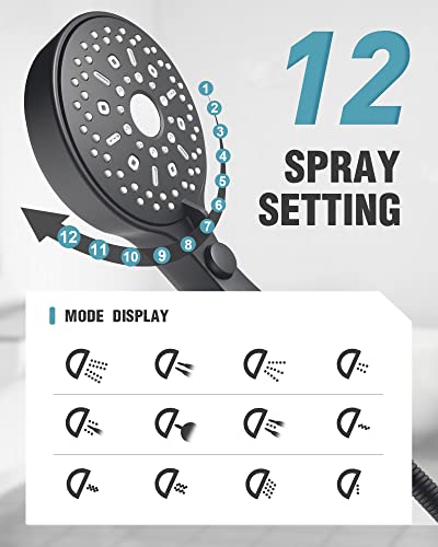 High Pressure Shower Head-12 Functions Handheld Showerheads With Button For Pets Dog Bath, Detachable Water Saver Hand Shower Wand 59" Shower Hose Bracket Teflon Tape Rubber Washers (Matte Black) #TOP1