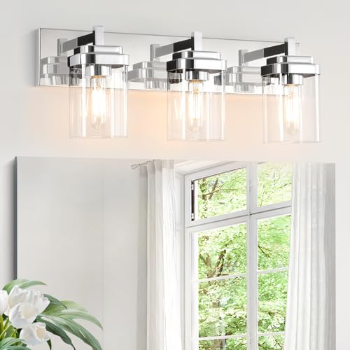 Image of SineRise Vanity Light Fixture,3-Light Vanity Light for Bathroom,Chrome Bathroom Vanity Lighting Over Mirror with Square Clear Glass Shade for Restroom