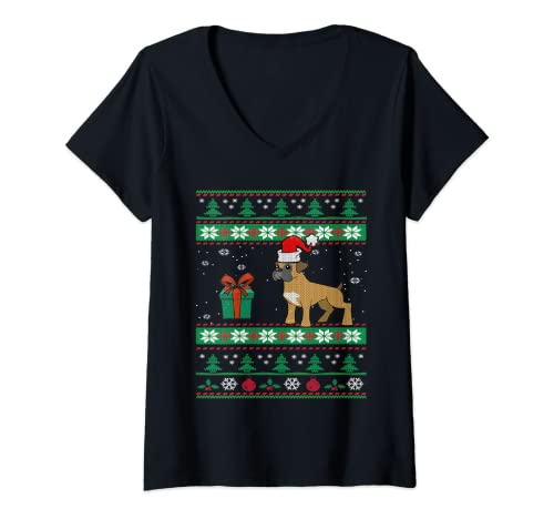 Mujer Boxer Dog Santa Hat Funny Ugly Christmas Xmas Dogs Lovers Camiseta Cuello V