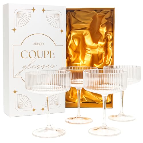 arego Hand Blown 8 oz Coupe Glasses Set of 4, Vintage Ribbed Cocktail Glasses for Martini, Champagne, Espresso Martini, Margarita, Manhattan & Desserts, Lead-Free Art Deco Barware Gift Set