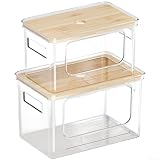 Stapelbare Aufbewahrungsbox mit Holzdeckel und U-förmiger Öffnung, transparenter Aufbewahrungsbehälter aus PET-Material für Küche, Schreibtisch, Badezimmer, Wohnzimmer und Haushalt(F)