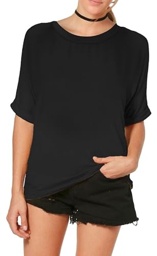 Womens Ladies Oversized Fit Banded Round Neck T Shirt Top Baggy Turn Up Sleeve Loose Plus Size Batwing Slouch Longline (UK 20-22 XXL (Plus Size), Black)