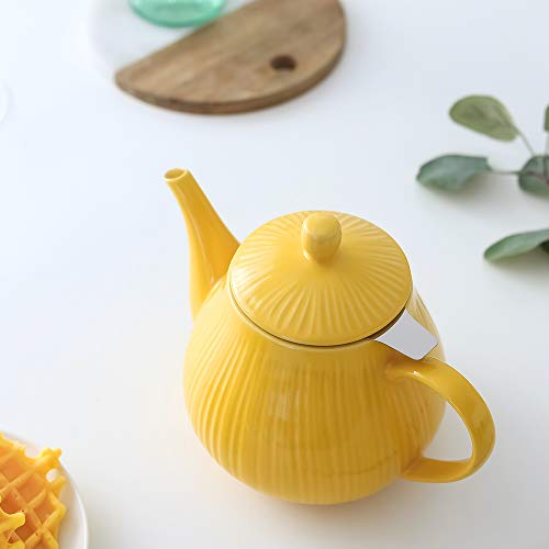 Koov Ceramic Teapot With Infuser, 40 Ounce Tea Pot With Infuser For Loose Tea, Large Enough For 6 Cups, Striped Series (Lemon) #TOP4