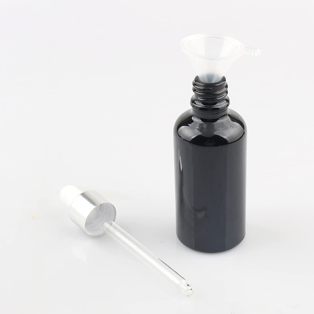 24 Piezas Negro Frasco Cuentagotas Cristal 50ml, Botellas Cuentagotas Vacío con Pipeta de Vidrio Plata/Blanco, para Fragancias de Arorapia de Aceites Esenciales, Masaje, Viaje