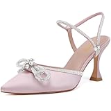 Susanny Pink Rhinestone Heels for Women Bow Heels Evening Party Ankle Strap Closed Toe Pumps Office Kitten Heeled Dress Prom Shoes 7.5