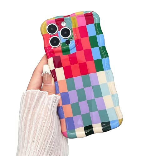 branple Compatible with iPhone 15 Pro Max Case, Cute Wave Curly Colorful Checkerboard Plaid Phone Case for Women/Men, Soft TPU Shockproof Protection Case Designed for iPhone 15 Pro Max (Colorful 1)