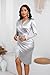 Women’s Long Sleeve Cocktail Party Dress Sexy Bodycon V Neck Midi Pencil Dresses Faux Wrap Ruched Knee Length Evening Dinner Gown Silver, X-Large