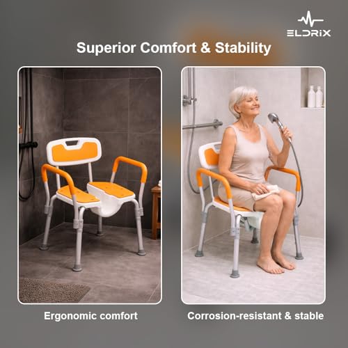 Image of Eldrix Commode Chair for Toilet Adult | Hygiene Cut-Out Shower Toilet Chair for Adults /Senior Citizen | Lightweight & Tool-Free Assembly (Orange)
