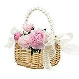 Flower Girl Basket - Woven Rattan Wedding Basket with Pearl Handle & Lace Bow, Rustic Elegant Flower Holder for Wedding Party, Garden Decor, Home Decoration
