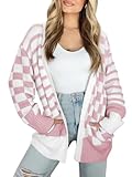 Saodimallsu Womens Checkered Cardigan Sweaters Striped Oversized Open Front Knit Long Sleeve Sweater Coats with Pockets Pink
