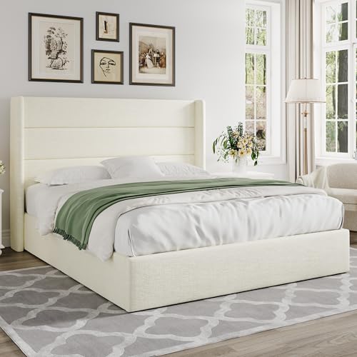 Image of Allewie Full Size Lift Up Storage Bed, Chenille Fabric Upholstered, Modern Wingback Headboard, Hydraulic Support, No Box Spring Needed, Cream White