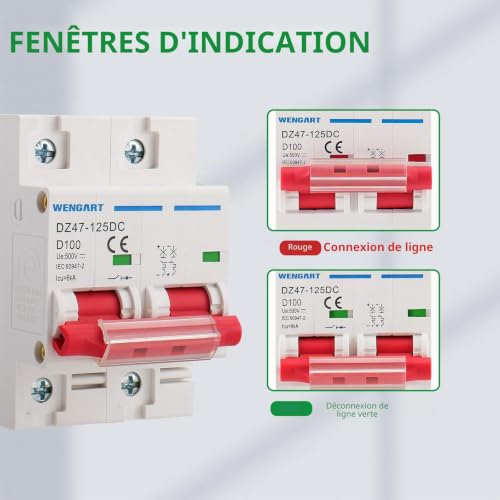 Wengart Disjoncteur DC 500V 100A - Courbe D pour Fort Courant d'Appel - Protection Magnétothermique pour Système Solaire et Batteries - Montage Rail DIN - Isolateur Photovoltaïque Bipolaire (2P) – vue 6