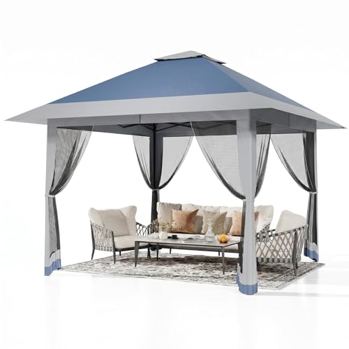 GarveeLife Carpa Plegable Pop-up 3x3 m Cenador con Techo Doble Cobertura Sol Extraancha, Mosquitera, Altura Ajustable 3 Niveles, Impermeable y Antiviento, Pergolas de Jardin para Fiesta y Camping-Azul