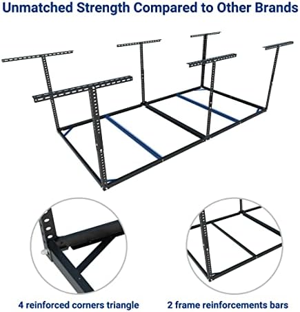 Close-up of FLEXIMOUNTS garage rack corner reinforcement and mounting hardware