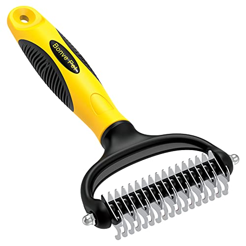 Bonve Pet Deshedding Dog Brush - Double Sided Shedding and Dematting Undercoat Rake Comb for Dogs and Cats, Safe Dematting Comb for Easy Mats & Tangles Removing (Yellow)