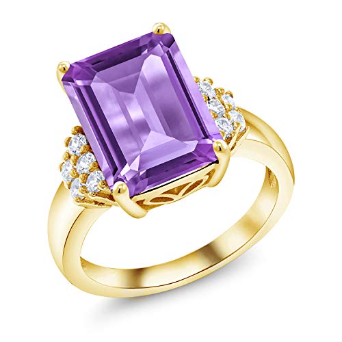 Gem Stone King 18K Yellow Gold Plated Silver Emerald Cut Gemstone Birthstone Engagement Ring | Emerald Cut 14X10MM | Wedding Anniversary Promise Ring For Women | Available In Size 5, 6, 7, 8, 9