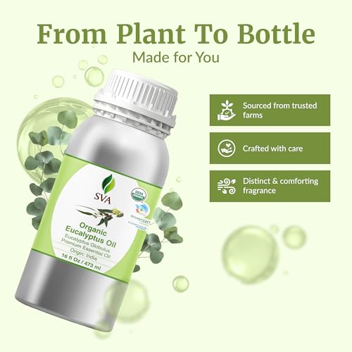 Image of SVA Eucalyptus Essential Oil Organic - 16 Fl Oz - 100% Natural Organic Eucalyptus Oil for Hair, Face, Skin Care, Diffuser, Aromatherapy, Scalp, Body Massage, Soap and Candle Making