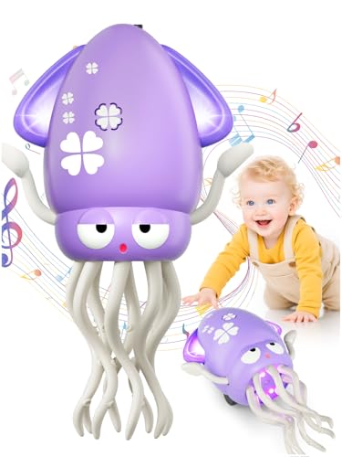 Image of WAVISA Dancing Squid Baby Toy Gifts, Dancing Octopus Tummy Time Toys for 3-6 Months, Crawling Octopus with Music and Light, Squid Baby Toy for 3 4 5 6 7 8 9 10 11 12 Toddler Boy Girl Birthday Gifts