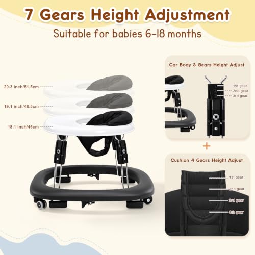 Image of Baby Walker with Wheels, One-Touch Foldable Walker & 7‑Level Height Adjust