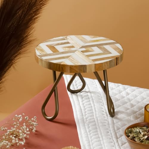 Image of CASADECOR Wooden Vintage Affair Decorative Pizza Pastry Cake Stand Pack of 1 (Golden, Diameter-8 Inch)