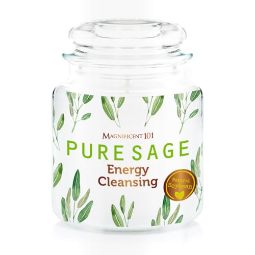 Magnificent 101 Pure Sage Energy Cleansing Aromatherapy Glass Candle for Meditation, Manifestation...