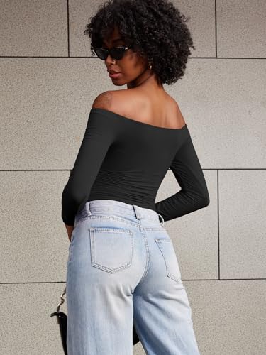 YEOREO Sophie Women Off Shoulder Long Sleeve Shirts Double Lined Basic Undershirt Y2K Going Out Tops4