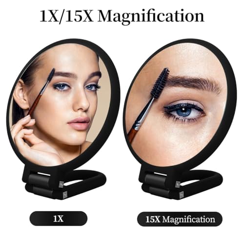 Image of 1X 15X Magnifying Hand Held Mirror,Double Side Folding Hand Mirror for Women with Adjustable Handle,Travel Table Desk Shaving Bathroom (Black)
