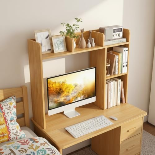 Image of Tangkula Desktop Bookshelf, Countertop Storage Hutch with Shelves for Computer Desk, Desk 3-Tier Display Rack, Multipurpose Wood Desktop Hutch Storage Organizer for Dorm Office