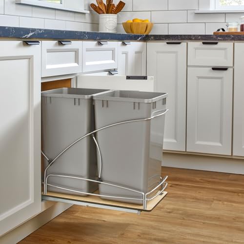 Rev-A-Shelf Steel Bottom Mount Double 27 Quart 6.75 Gallon Waste Bin Trash Container for Under Kitchen Cabinet with Soft Close, Gray, 54WC-1527SC-17-1