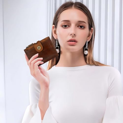 Image of Wallet Women,RFID Blocking Leather Womens Wallet Bifold Compact Card Holder Small Wallet for Women with Removable ID Window zsbrown