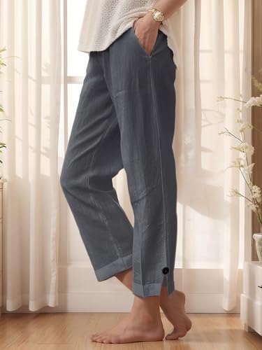 Women Linen Pants Summer 2025 Casual Elastic Waist Straight Wide Leg Beach Trouser with Pockets