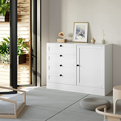 Hostack 4 Drawer Dresser With Door, Wide Chest Of Drawers Closet Organizers, Modern Storage Cabinet For Bedroom, Living Room, Kitchen, White, 43.3" L X 15.7" D X 31.9" H #TOP1