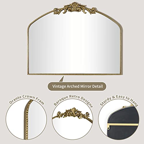 Image of Gold Arched Vintage Mirror 40 inchX31 inch, Antique Mantel Wall Mirror with Ornate Metal Frame, Victorian Dress Baroque Decor for Entryway /Fireplace /Living Room /Hallway /Bathroom /Bedroom