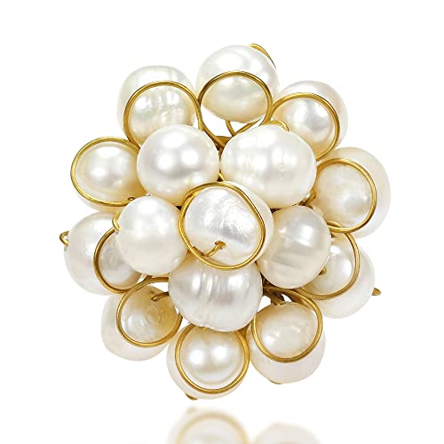 AeraVida Unique Round Front Cluster Cultured Freshwater Pearl Free Size Ring | Flower Shaped Vintage | Elegant Wedding Rings For Women | Large Ring Stone