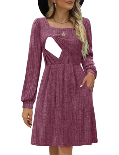 Image of CzzzyL Womens Nursing Fall Dresses Square Neck Long Sleeve Winter Knit Sweater Dress 2024 with Pockets