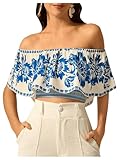 SweatyRocks Women's Boho Off The Shoulder Crop Tops Ruffle Floral Summer Blouses Multicolor Small