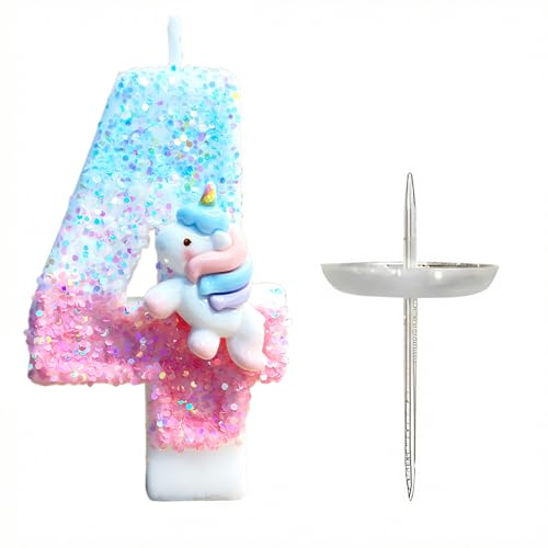 Velas de aniversário com números de unicórnio 4 - vela de unicórnio 4 anos menina - decoração de bolo de unicórnio - presentes de unicórnio para meninas - velas com números 4 (cor)