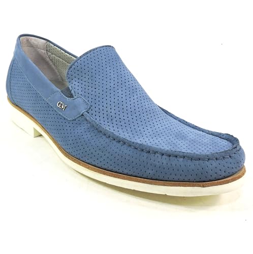 Goodman Italian Men's Perforated Nubuck Leather Loafers, Light Blue, Comfort Slip-on Style, Size 44 EU, Made in Italy3