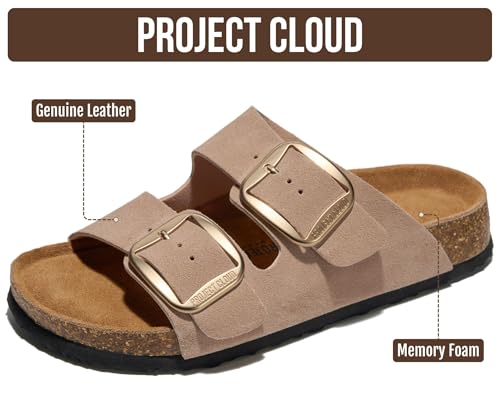 Image of Project Cloud 100% Genuine Leather Footbed Sandals for Women 2026 Comfortable Beach Essentials Womens Sandals Memory Foam Vacation Essentials Slides for Women Footwear (Santorini)