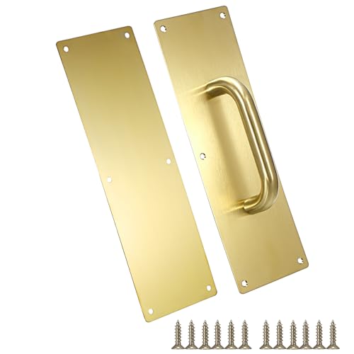 Image of Sumnacon 1 Set 12 inch Stainess Steel Door Handle Pull & Push Plate - Heavy Dutyr Gold Gate Handle Bar for Home /Office /Warehouse /Public,Suitable of Wooden /Composite Door with Screws,Brushed