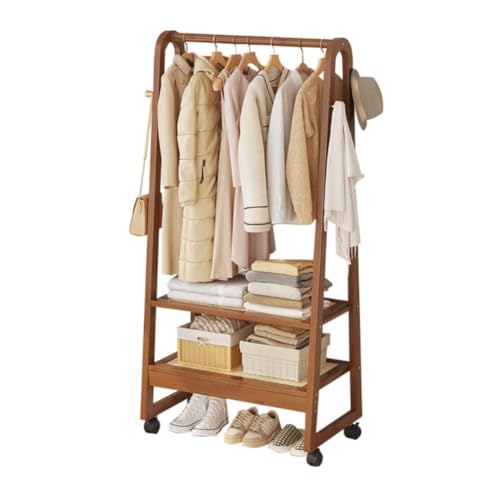 DODOBD Perchero de Pie Madera con Ruedas,Burro Ropa Resistente,con Barras para Ropa,Ganchos,2 Estantes,Perchero Burro Ropa,para Entrada Recibidor Dormitorio Vestidor Oficina,50/70cm
