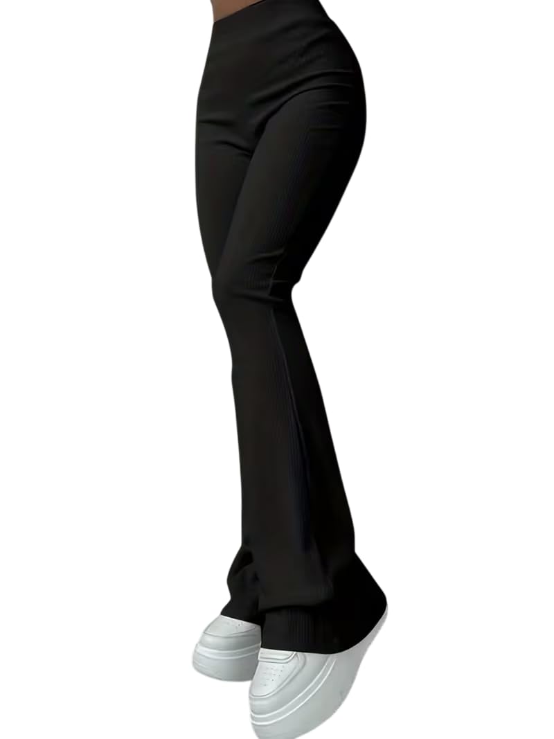 Women’s High Waist Ribbed Flared Pants Stretchable Slim Fit Bootcut Trousers Soft Knit Casual Wear for Daily Office Travel-image-36