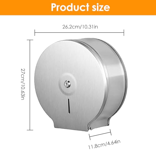 Image of 1Pcs Commercial Jumbo Toilet Paper Dispenser, 9in /22.9cm Roll | Stainless Steel | Wall Mount | Single Roll | 2.5in Core | With Key Lock | Restroom Use