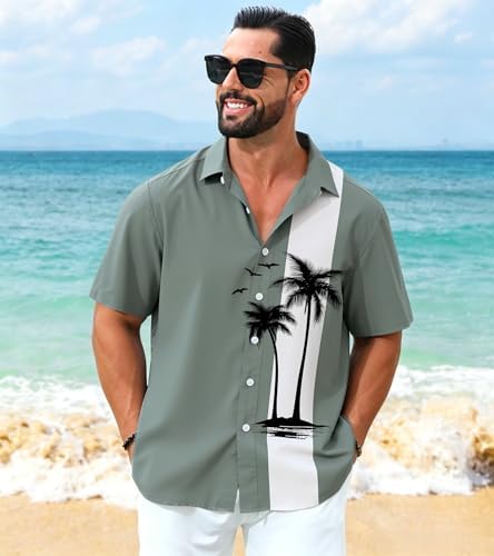 ACOCOPY Mens Shirts Green Hawaiian Casual Button Up Shirts with Short Sleeves Palm Tree Print Quick Dry Beach Shirts Size L
