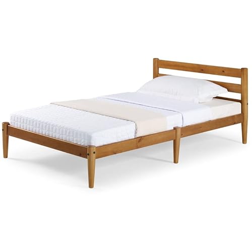 Mid-Century Modern Platform Bed/Solid Wood/Slat Headboard/Mattress Foundation Of 10 Wood Slats - No Box Spring Needed/Easy Assembly, Mult. Colors, Twin (Castanho) #TOP4