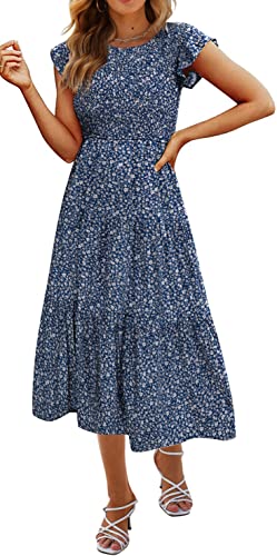 Hount Women's Casual Summer Boho Midi Dress Floral Print Ruffle Dresses Short Sleeve Flowy Beach Dresses (Fl4,L) #TOP23