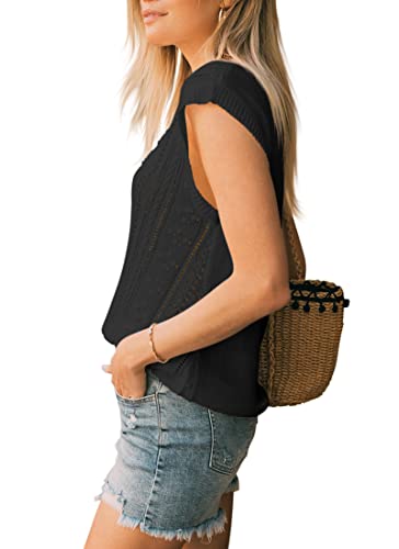 Image of Langwyqu Womens Cap Sleeve Tops Summer Crew Neck Shirt Lightweight Crochet Knit Sweater