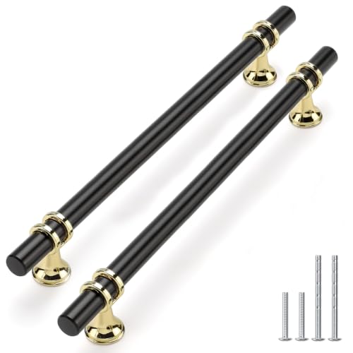 Rergy 10 Pack 8-1/16 Inch Hole Center Black and Gold Cabinet Handles