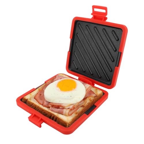 Mikrowellen Toastie Sandwich Maker, Panini Press Sandwich Maker, Antihaftbeschichtetes Mikrowellen Grillblech, Mikrowellengeeigneter Toaster mit Verstellbaren Silikonbändern, (Rot)